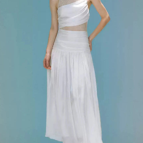 Solid Slimming Sheer Spliced Folds Minimalist Dresses for Women Square Neck Sleeveless Split Long Dress Female New